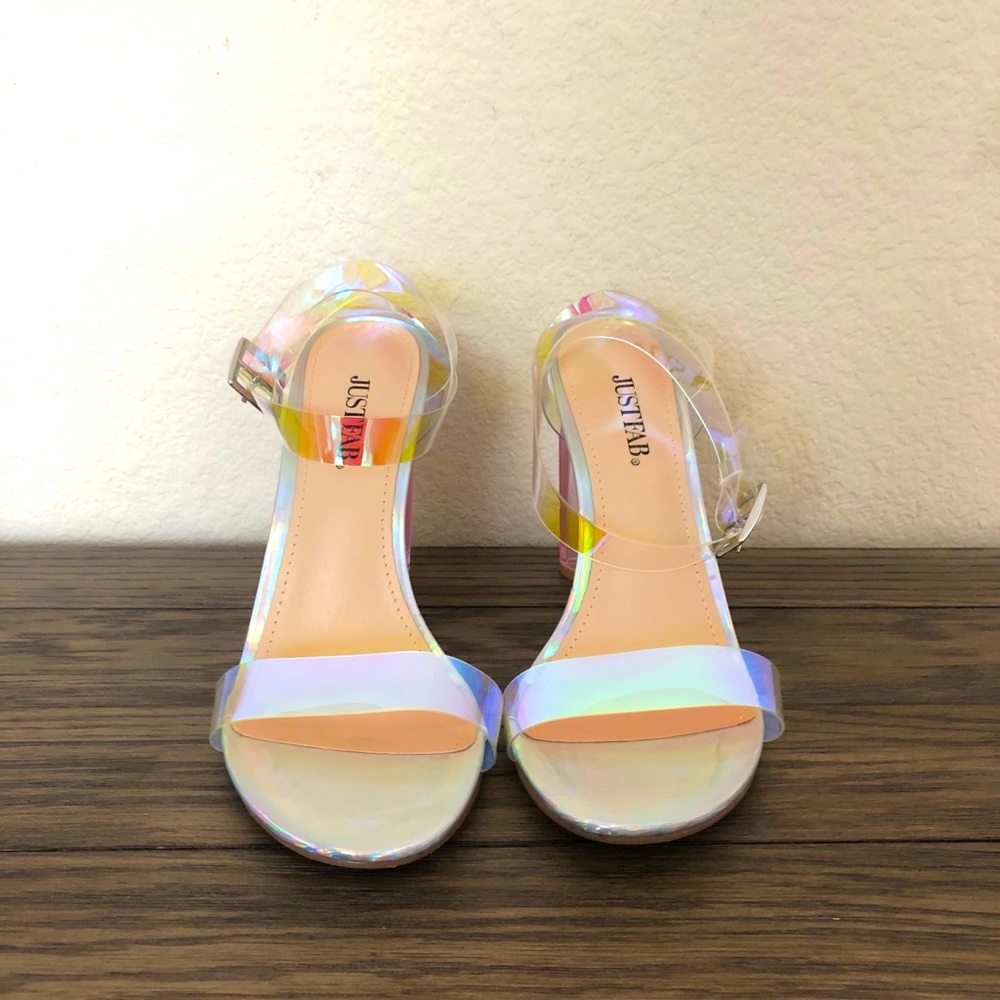 JUSTFAB Iridescent Clear Ankle-strapped Sandals